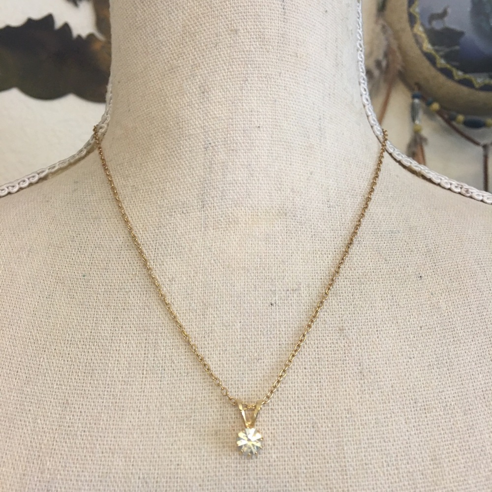 Vintage clear rhinestone pendant on gold chain